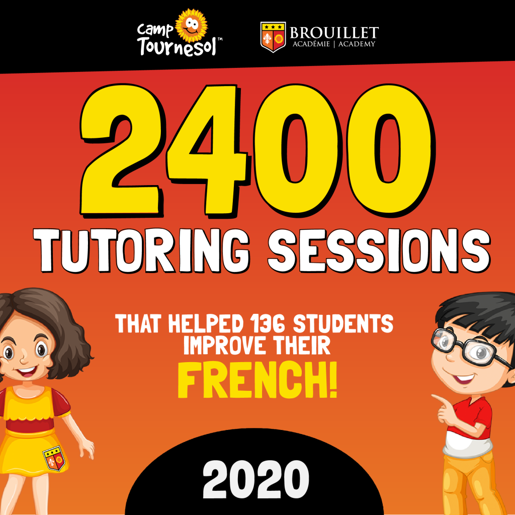 Celebrating 2400 tutoring sessions completed in 2020 that helped 136 students improve their French! Pictured are a cartoon girl and boy smiling.