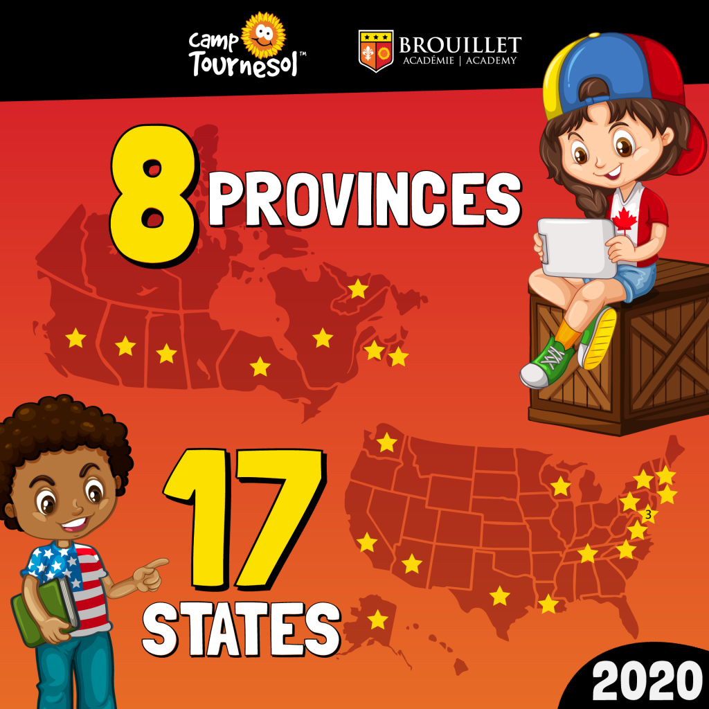 Celebrating registrations from 8 provinces across Canada and 17 states in the United States of America. Pictured are maps of Canada and the USA, with a cartoon boy and girl wearing the shirts of their respective countries.